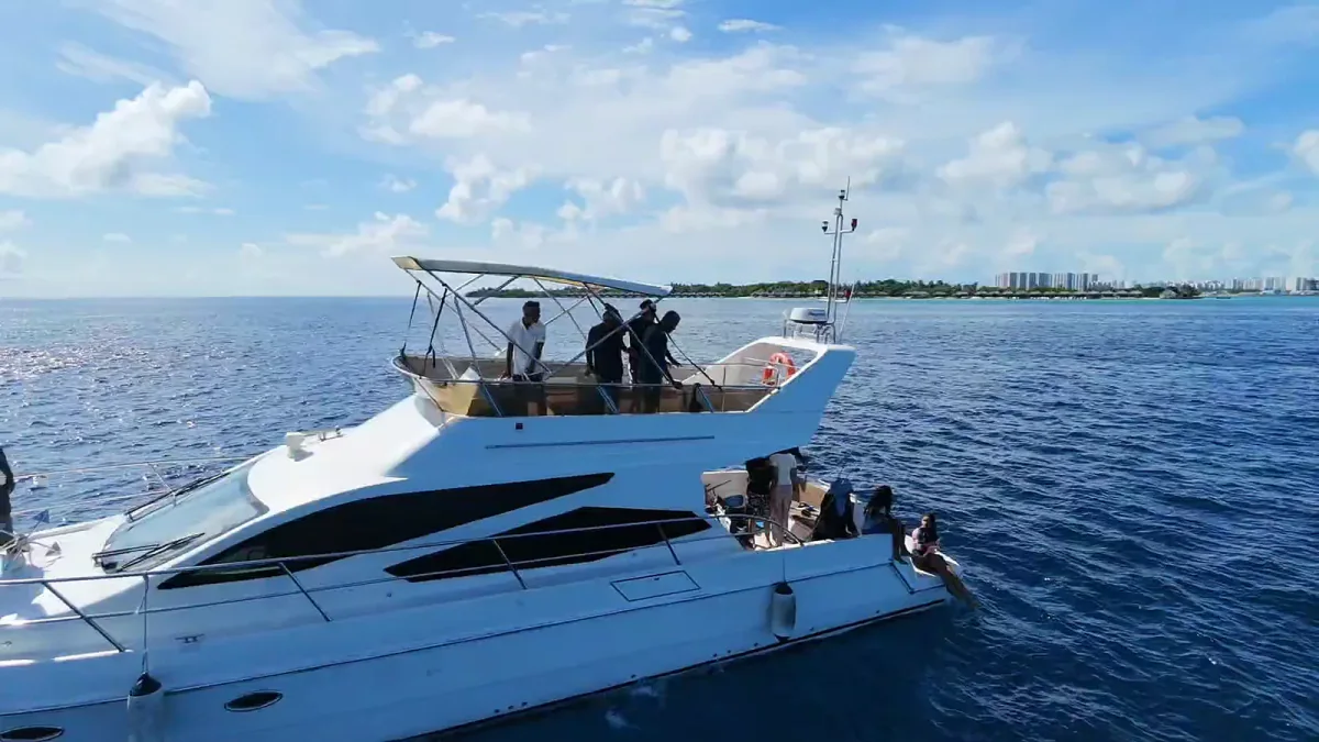 The flybridge of Tiffany Blanc 14 seen from the air, guests aboard