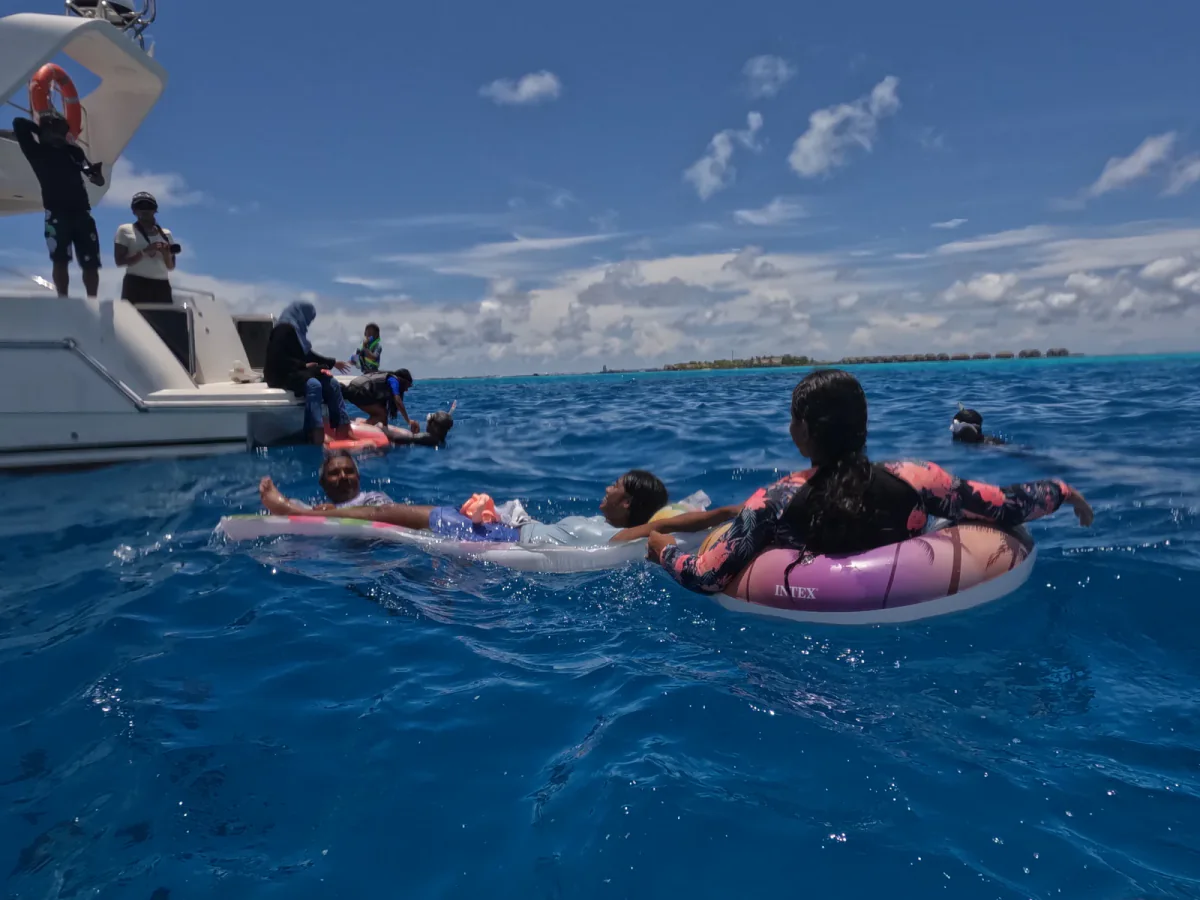 Guests floating on rings beside the vessel in deep blue water
