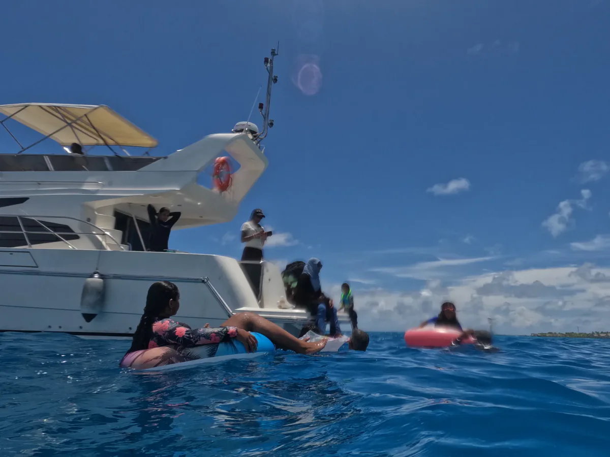 Guests swimming off the platform in deep blue water